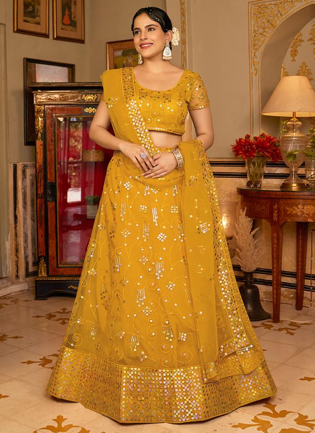 Net Dark Yellow  Wedding Wear Embroidery Work Lehenga Choli